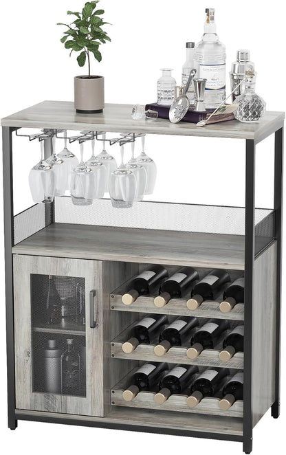 3-Tier Wine Bar Cabinet with Detachable Wine Rack and Storage Space, Buffet Cabinet with Glass Holder and Mesh Door, for Kitchen, Living Room and Bar .Rustic Brown.