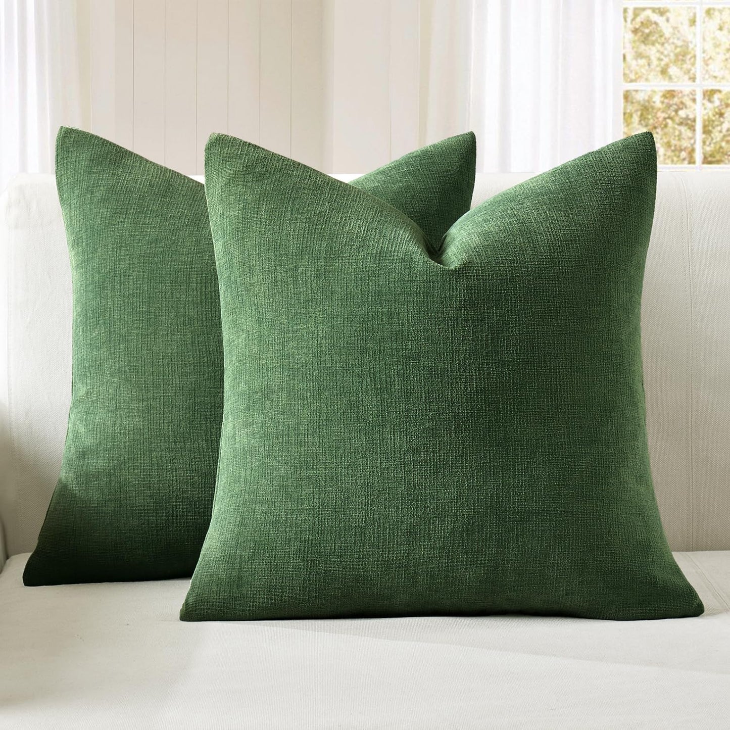 Olive Green Couch Pillow Covers 18x18 Inch, Set of 2 Soft Chenille Decorative Square Throw Pillow Covers Farmhouse for Sofa Living Room Bed