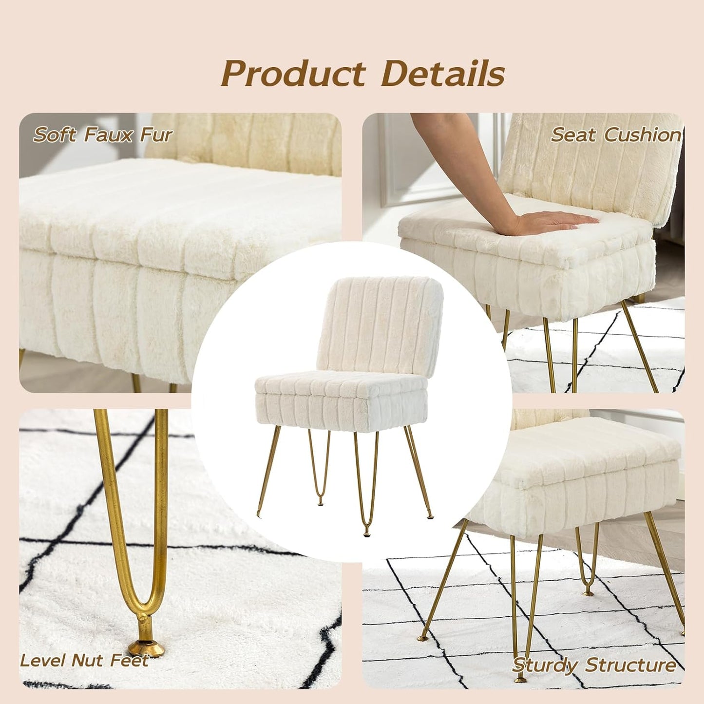 Vanity Chair with Storage, Comfy Ottoman with Folding Back, Faux Fur Vanity Stool with 4 Metal Legs for Make Up, Furry Padded Seat with Anti-Slip Feet for Bedroom Dressing Room