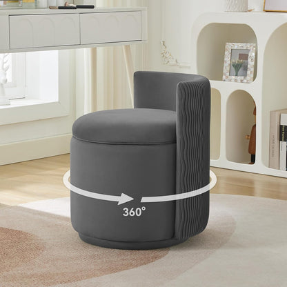 Velvet Vanity Chair with Storage, 360° Swivel Makeup Chair with Wave Back, No Assembly Small Accent Stool for Bedroom, Dressing, Living Room, White