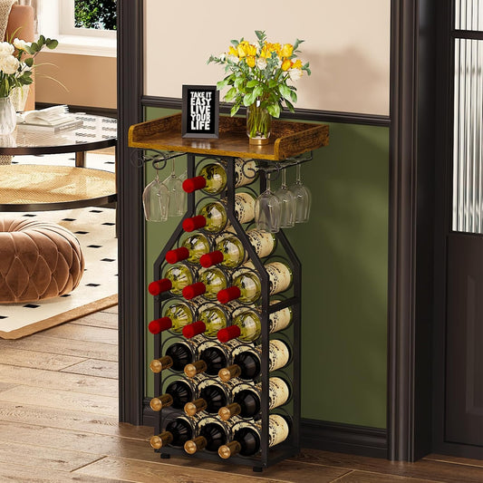 X-cosrack Wine Rack Freestanding Floor, Wine Storage Rack Mini Bar Table with Tabletop, Glass Holder Wine Bottle Display Stand Liquor Cabinet for Home Bar Kitchen Living Room