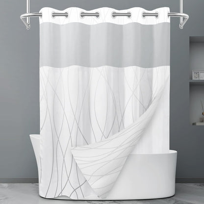 No Hook Grey White Striped Shower Curtain with Snap in Fabric Liner Set - Hotel Liner Set with See Through Mesh Top Window,Machine Washable, 71x74 INCH