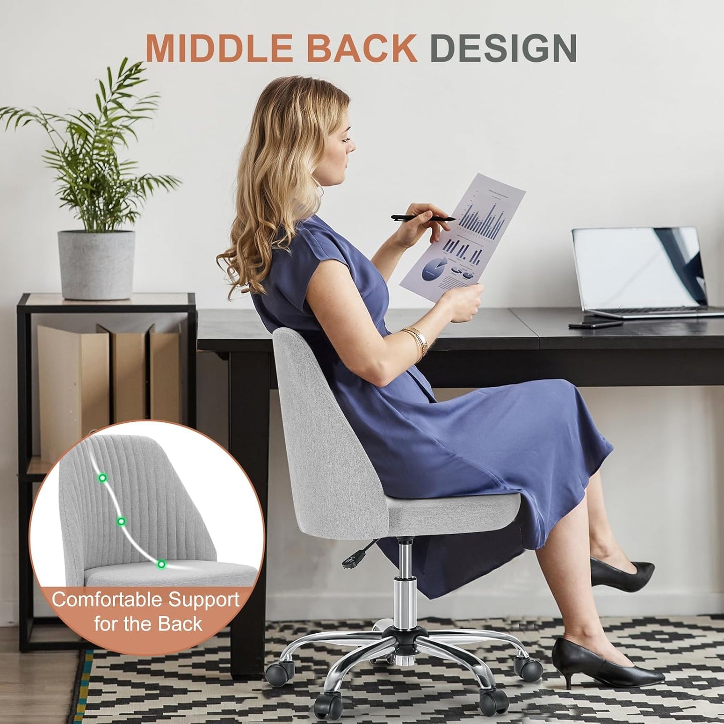 Office Chair, Comfy Desk Chair Rolling Vanity Swivel Task Chairs with Wheels, Wide Seating Armless Height Adjustable Computer Chairs for Home,Bedroom,Student,Adults, Classic Grey