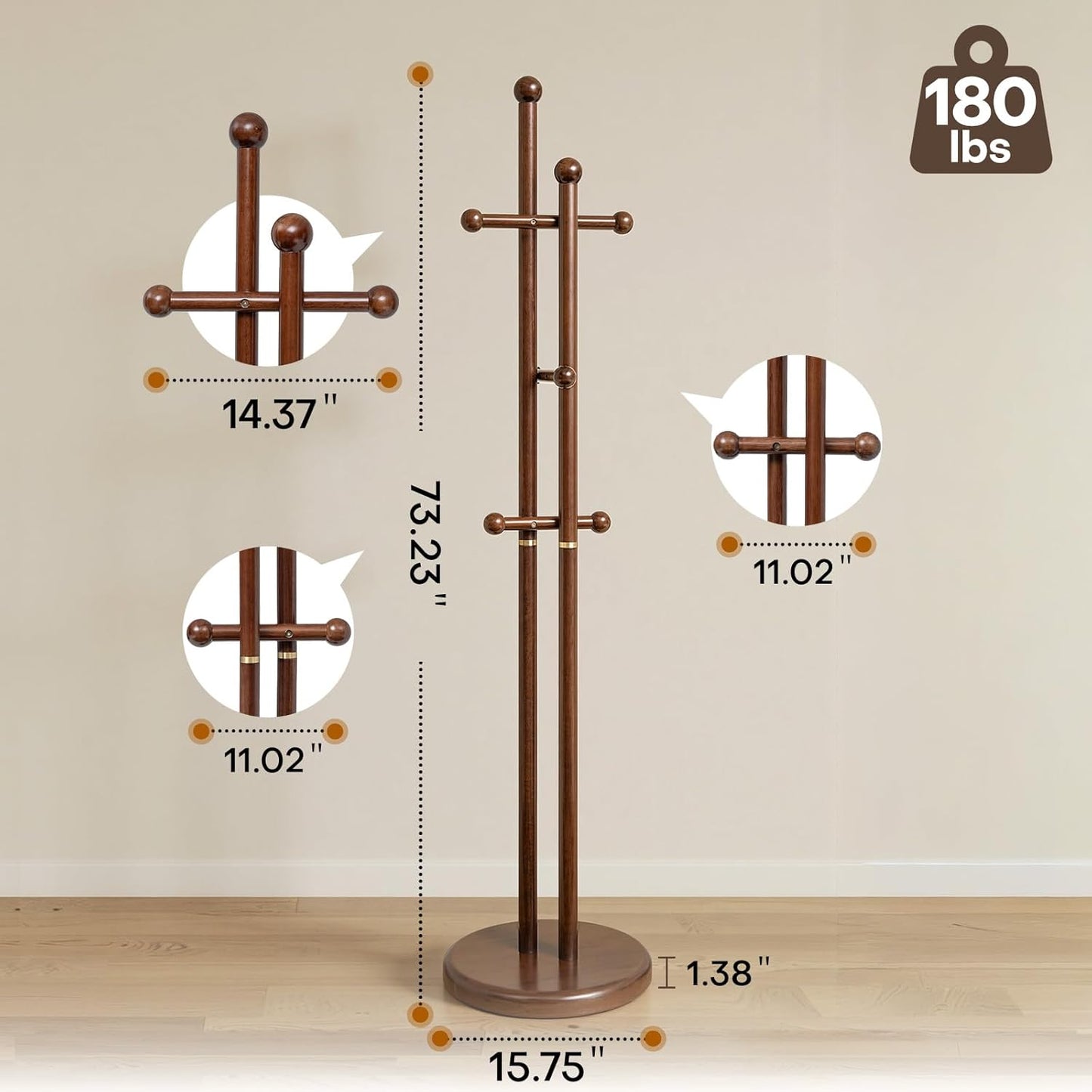 Coat Rack Freestanding, Wooden Coat Tree with 2 Main Rods, Heavy Duty Coat Hanger Stand with 15.75" Dia.Round Base, Walnut Standing Hall Tree for Bedroom Living Room, Clothes Jacket Bag Hat