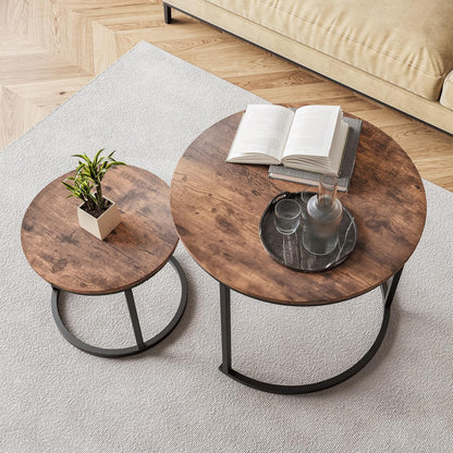 HOJINLINERO Round Coffee Table,Nesting Coffee Table Set of 2,Center Tables for Living Room,Office, Home Small Space,Stacking Side Tables,Sturdy and Easy Assembly,Wood Desktop,Brown,Large