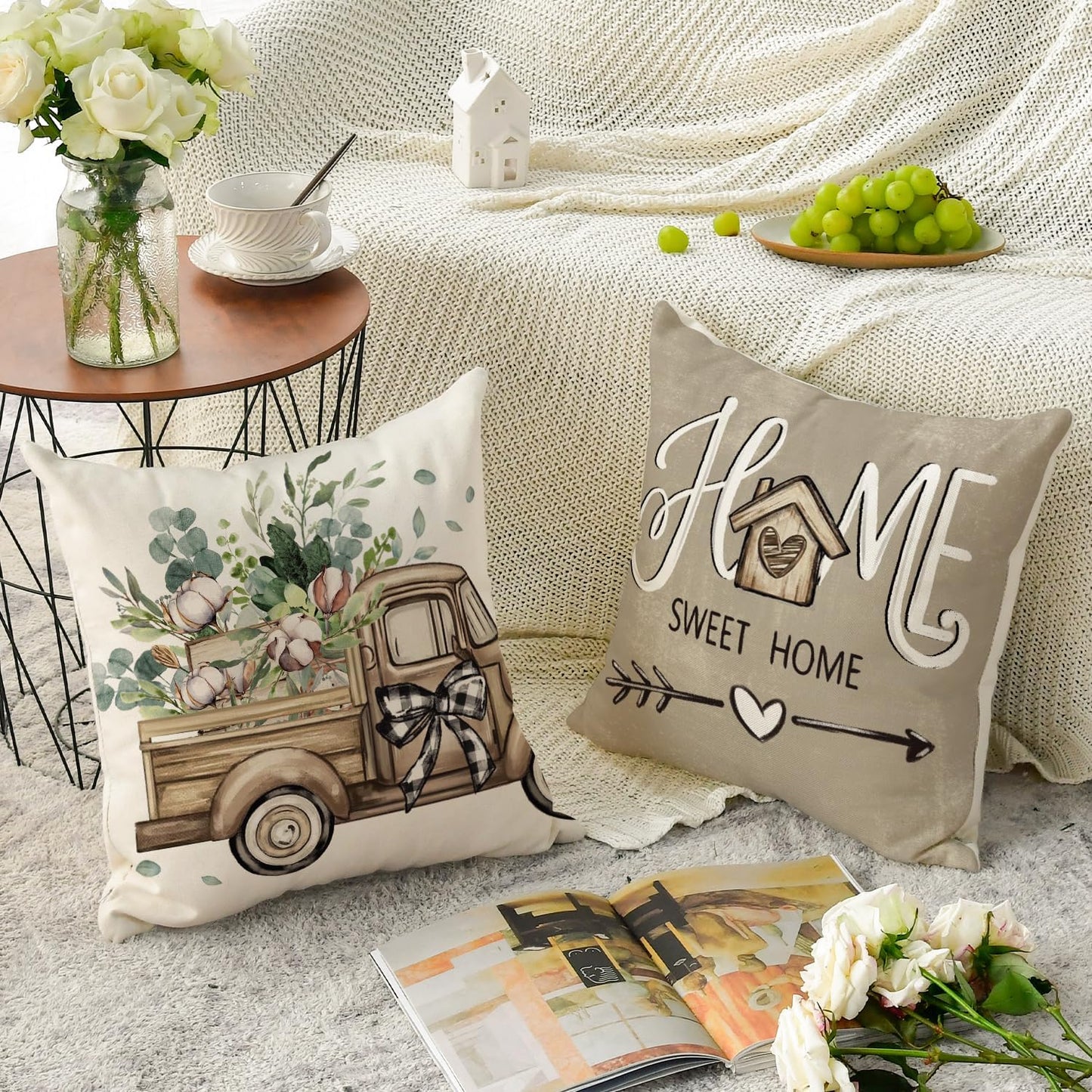 colorlife Bless Our Home Farmhouse Eucalyptus Leaves Throw Pillow Covers, 18 x 18 Inch Truck Home Sweet Home Cushion Case Decorations Set of 4