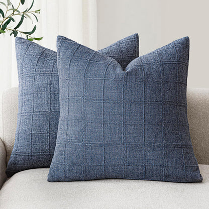 Foindtower Set of 2 Decorative Linen Check Throw Pillow Covers Neutral Farmhouse Vintage Cushion Covers Modern Boho Home Decor for Sofa Chair Couch Bedroom Living Room,18×18 Inch,Natural Beige
