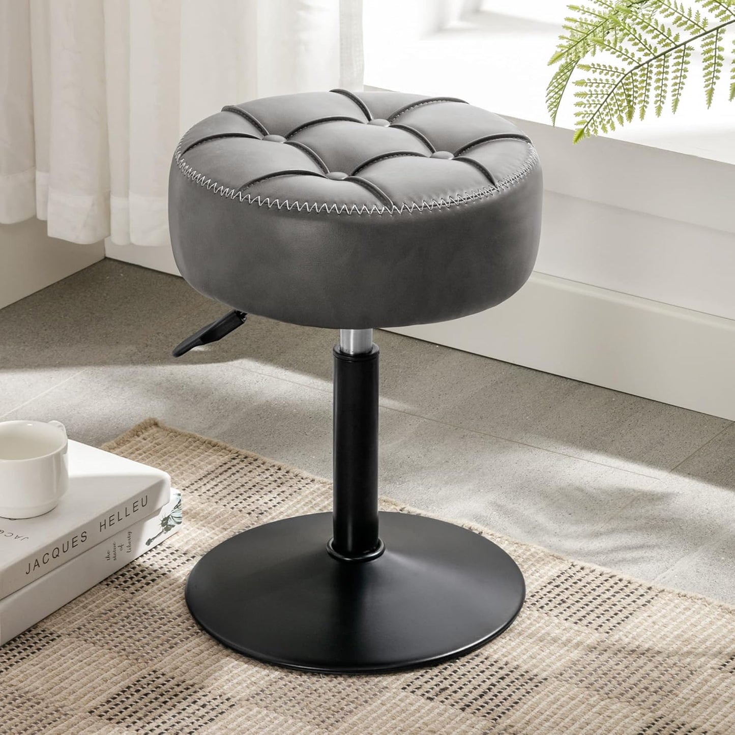 Adjustable Vanity Stool, 360 Swivel Chair for Makeup Room, White Faux Leather Stool for Bathroom & Living Room