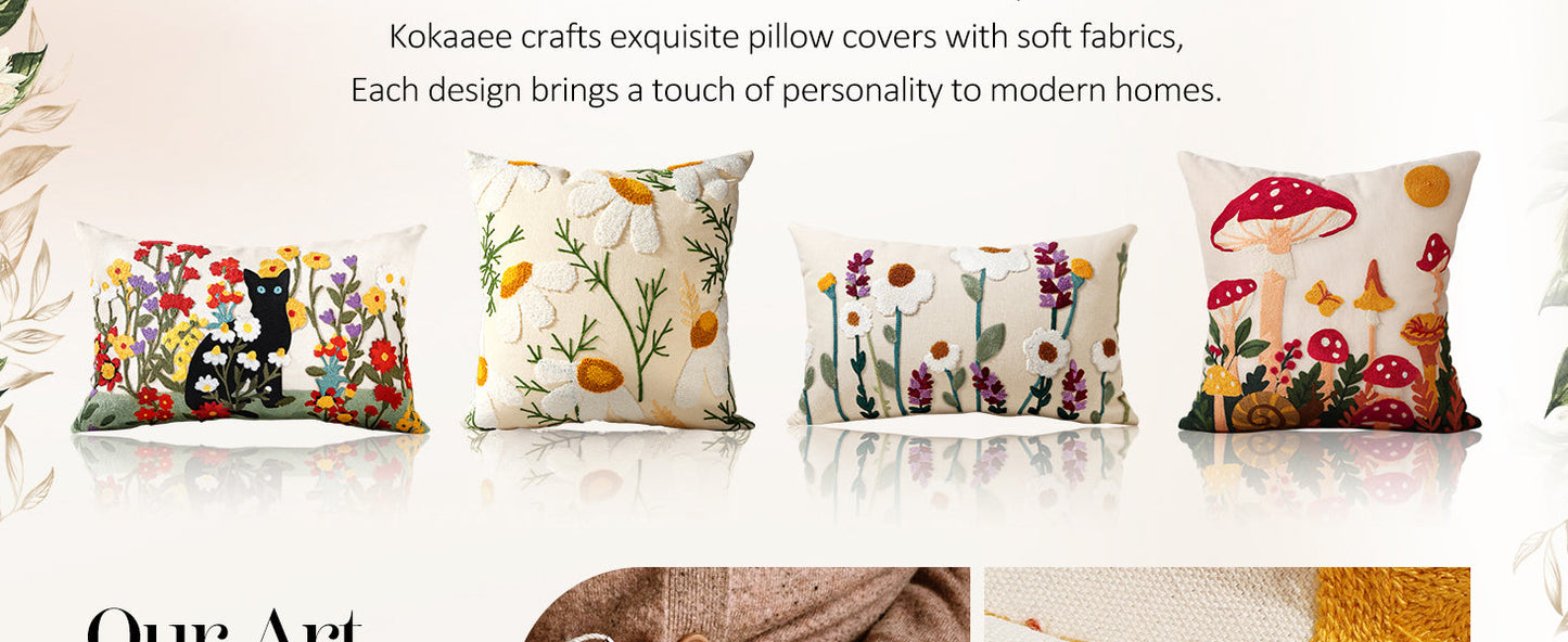 Embroidered Throw Pillow Cover 18x18 Inch - Spring Summer Boho Decorative Pillow Cover with Zipper for Living Room Couch Sofa Bed Aesthetic Design Flower Cluster Cushion Pillowcase