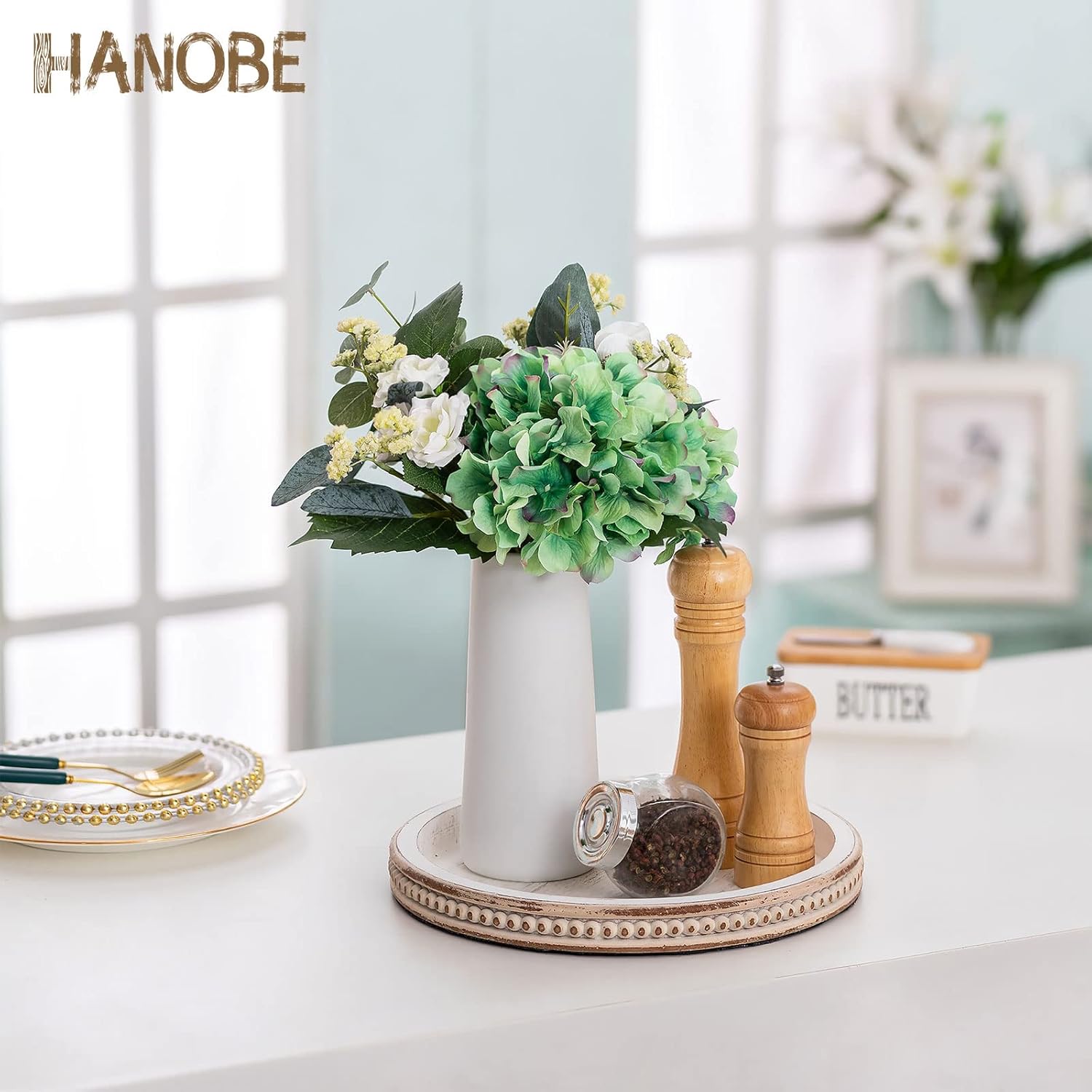 Round Wooden Decorative Tray: White Washed Bead Tray Decor for Coffee Table Centerpiece Rustic Farmhouse Tray for Kitchen Counter Living Room Decoration