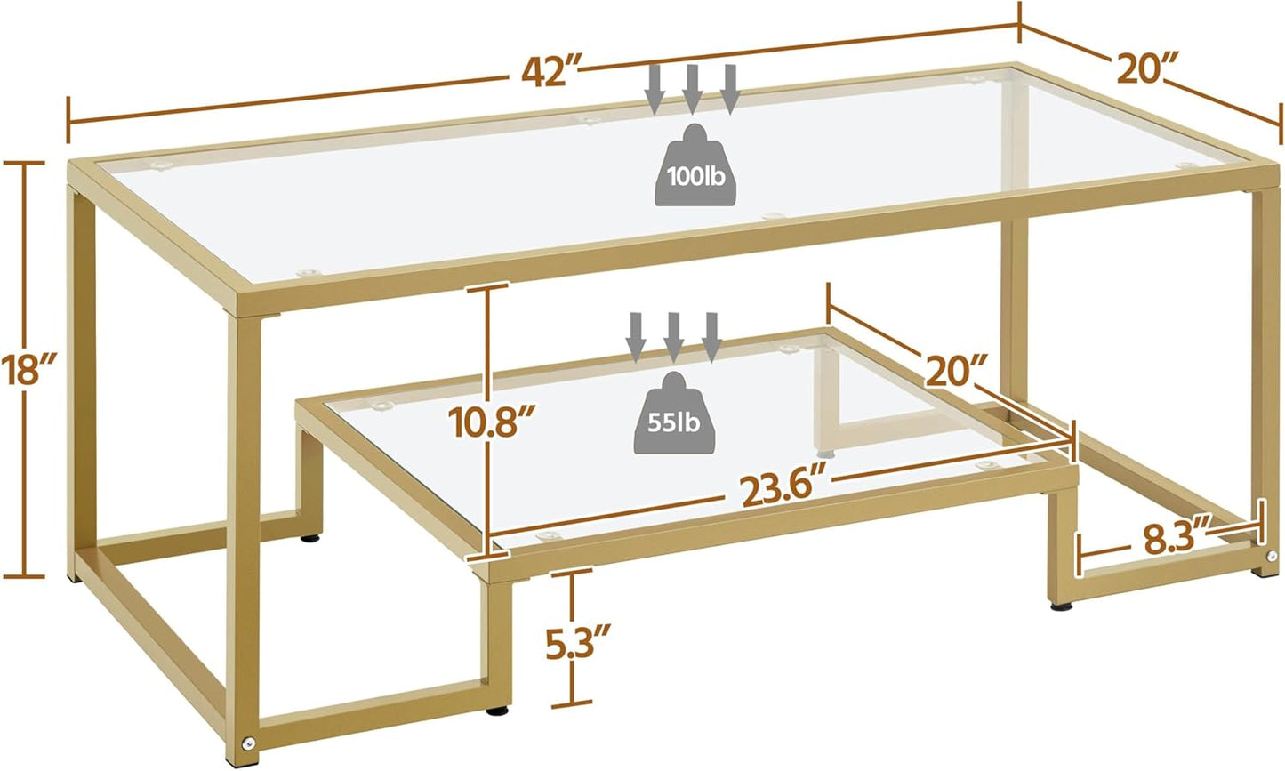 Yaheetech Gold Coffee Table, 42" Rectangular Glass Coffee Table for Living Room, 2-Tier Living Room Tables with Storage Center Tea Tables with Metal Frame for Small Space, Apartment, Office