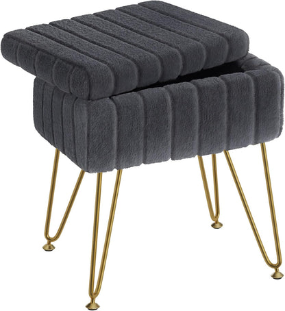Vanity Stool Chair Faux Fur with Storage, 15.7"L x 11.8"W x 19.4"H Soft Ottoman 4 Metal Legs with Anti-Slip Feet, Furry Padded Seat, Modern Multifunctional Chairs for Makeup, Bedroom White