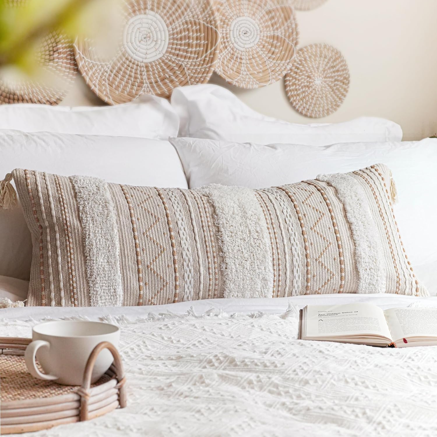 BlissBlush 14x36 Lumbar Pillow Cover for Bed, Rectangular Long Decorative Throw Pillowcase, Boho Accent Cushion with Tufted Pattern and Tassels, Cream Beige Neutral (Cover Only)