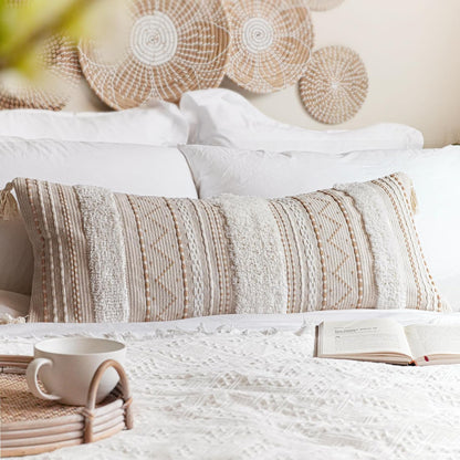 BlissBlush 14x36 Lumbar Pillow Cover for Bed, Rectangular Long Decorative Throw Pillowcase, Boho Accent Cushion with Tufted Pattern and Tassels, Cream Beige Neutral (Cover Only)