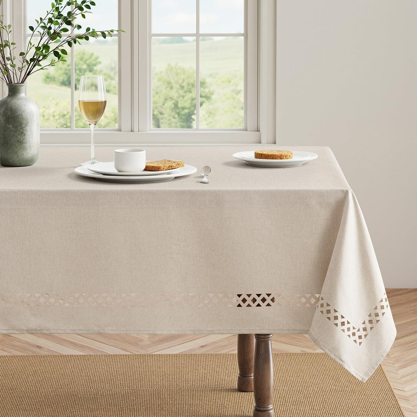 Beige Rectangle Linen Polyester Tablecloth with Decorative Cutouts Spring Waterproof Stain Resistant & Shrink-Proof Table Cloth 52x70 inch Farmhouse Style for Dining Wedding and Outdoor