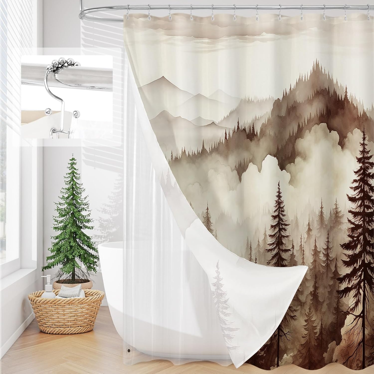 3 in 1 Shower Curtain Set, DarkGreen Misty Pine Forest Fabric Shower Curtain with PEVA Liner and Double Sided Hooks, Bathroom Curtain Waterproof 72x72