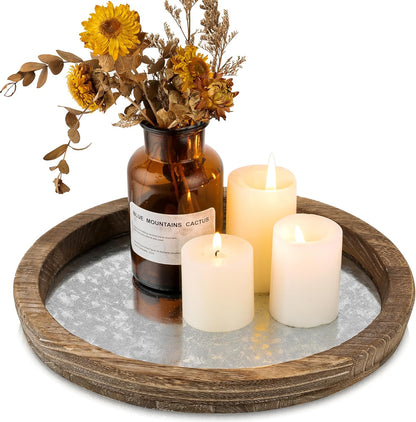 Candle Plate Holder Tray: Round White Wood Decorative Tray Decor - Rustic Farmhouse CoffeeTable Decor - Tealight Pillar Trays for Home Decor