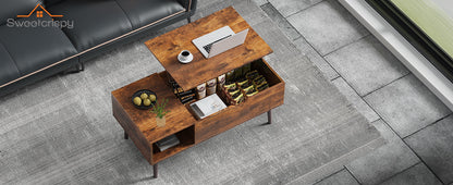 Sweetcrispy Lift Top Coffee Tables for Living Room, Small Rising Wooden Center Tables with Storage Shelf and Hidden Compartment, Brown | Lift Top, Coffee Tables, for Living Room, Rising, Dining Center Tables, with Storage Shelf