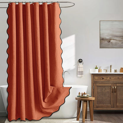 Beige Scalloped Shower Curtain Linen Textured with 12 Metal Hooks Cute Heavy Duty Washable Waterproof Neutral Thick Cloth Shower Curtains with Black Border for Bathroom Bathtub,W72*L72 Cream