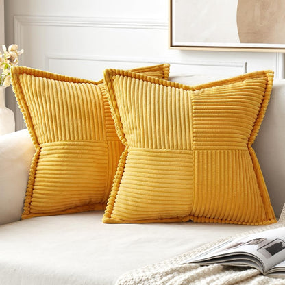 MIULEE Decorative Throw Pillow Covers for Couch Bed Livingroom 18x18 Inch Set of 2 Beige Boho Accent Throw Pllows Broadside Striped Patchwork Soft Corduroy Pillowcases