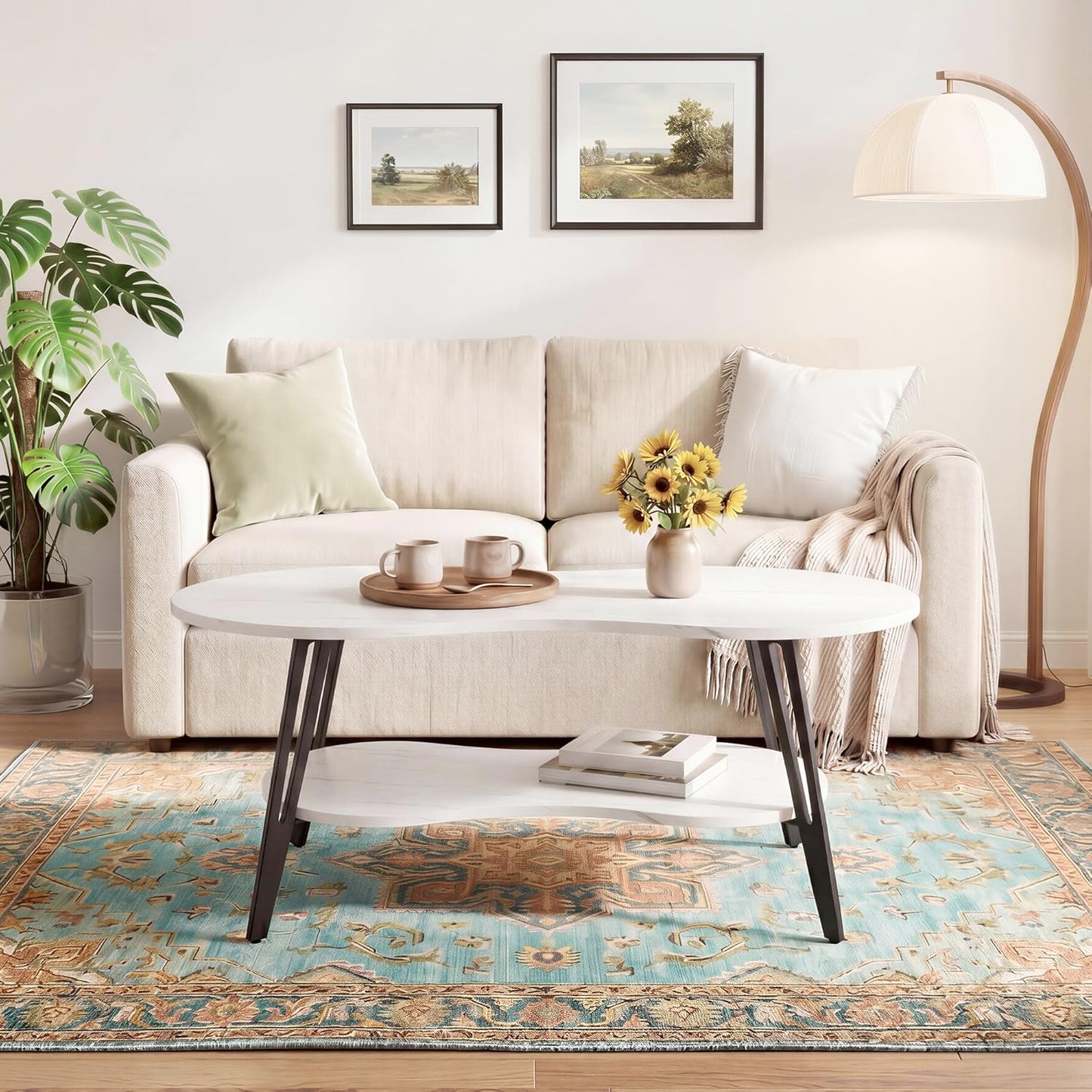 MWOOD Oval Coffee Table, 39.37" Center Table with Storage Shelf and Metal Leg, Waterproof & Scratch-Resistant Dining Table for Living Roome, Bedroom Marble-Patterned