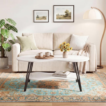 MWOOD Oval Coffee Table, 39.37" Center Table with Storage Shelf and Metal Leg, Waterproof & Scratch-Resistant Dining Table for Living Roome, Bedroom Marble-Patterned