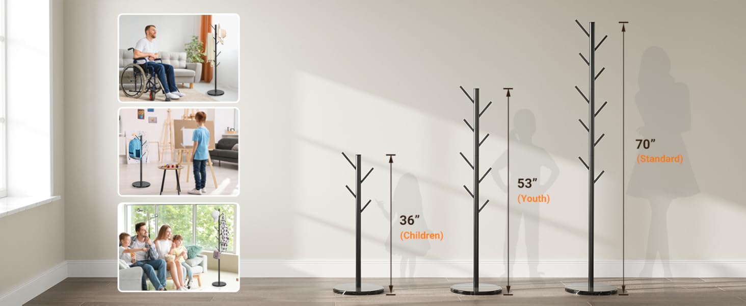 Coat Rack Freestanding with Natural Marble Base, Metal Coat Rack Stand with 10 Hooks, 3 Adjustable Size Coat Tree for Bags, Clothes, and Hats for Entryway, Bedroom, Hallway, Office, Black