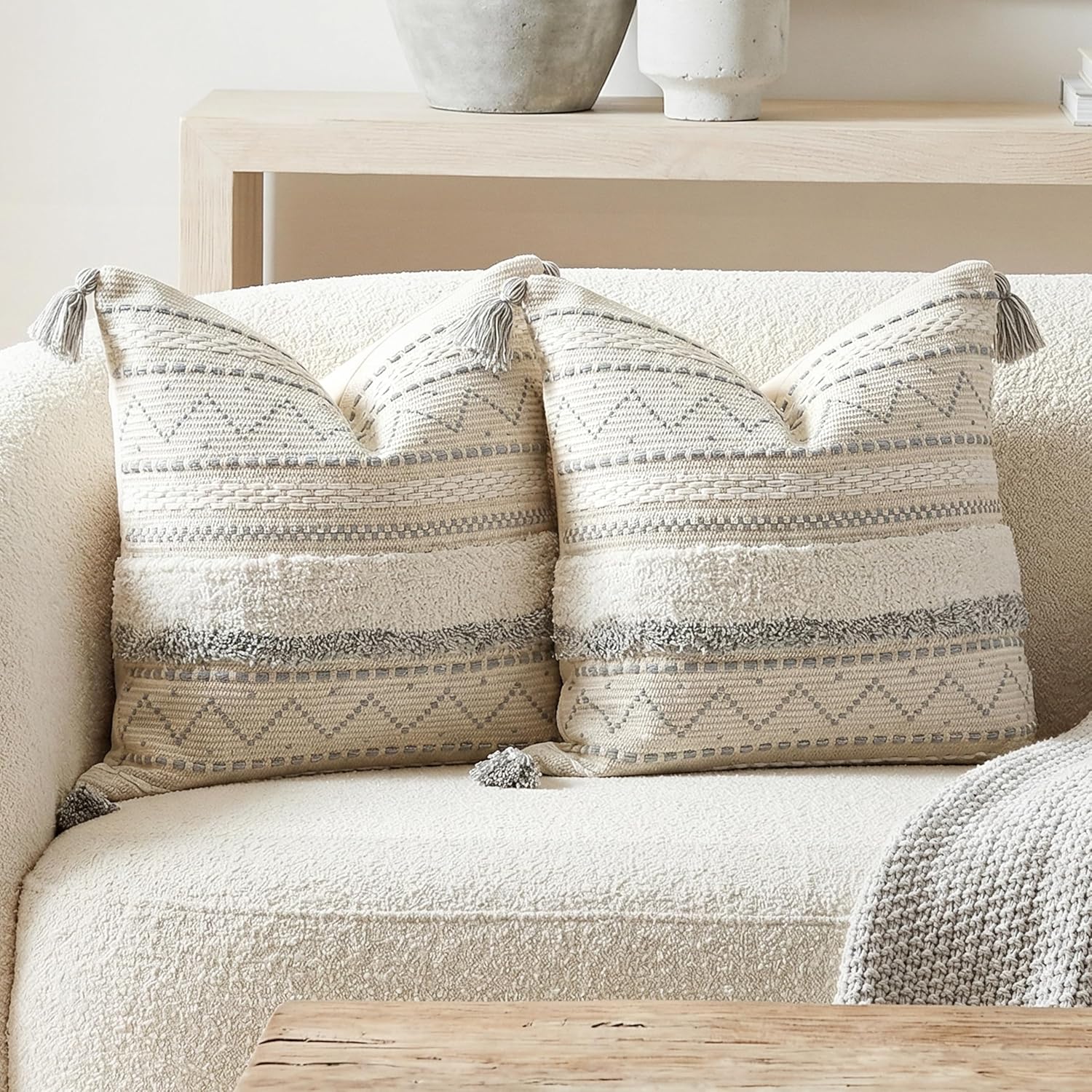 BlissBlush 14x36 Lumbar Pillow Cover for Bed, Rectangular Long Decorative Throw Pillowcase, Boho Accent Cushion with Tufted Pattern and Tassels, Cream Beige Neutral (Cover Only)