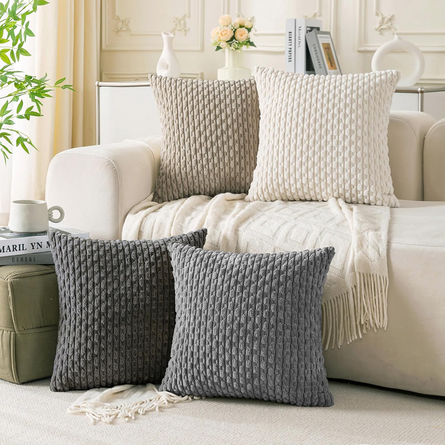 Set of 4 Neutral Decorative Throw Pillow Covers 18x18 Inch Corduroy Pillow Covers for Bed Couch Sofa Living Room Soft Square Cushion Cases