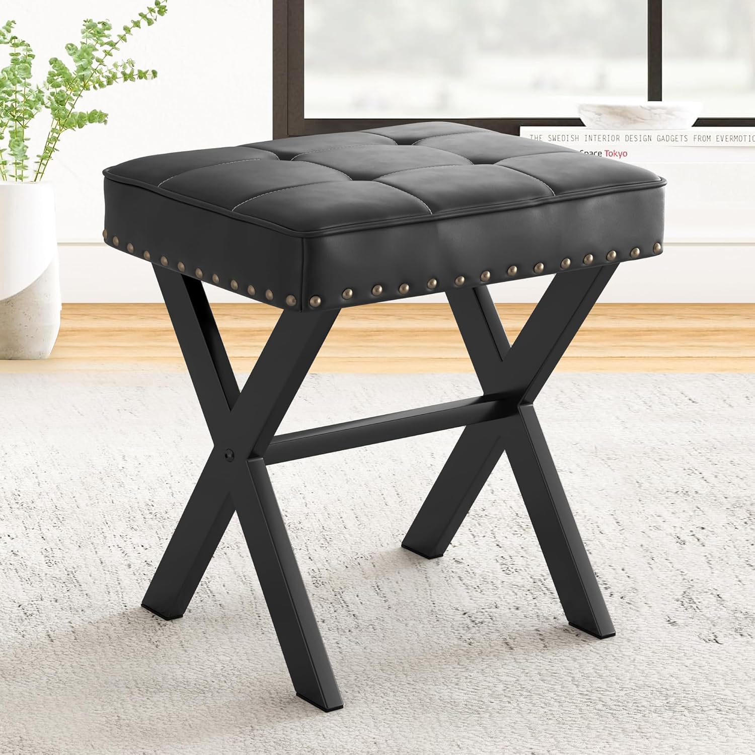 Vanity Stool, Square Linen Makeup Stool with Metal X Legs, Small Ottoman Stool Chair for Vanity, Modern Padded Vanity Seat Foot Rest Stool for Makeup Room, Living Room, Bathroom, Carbon Gray