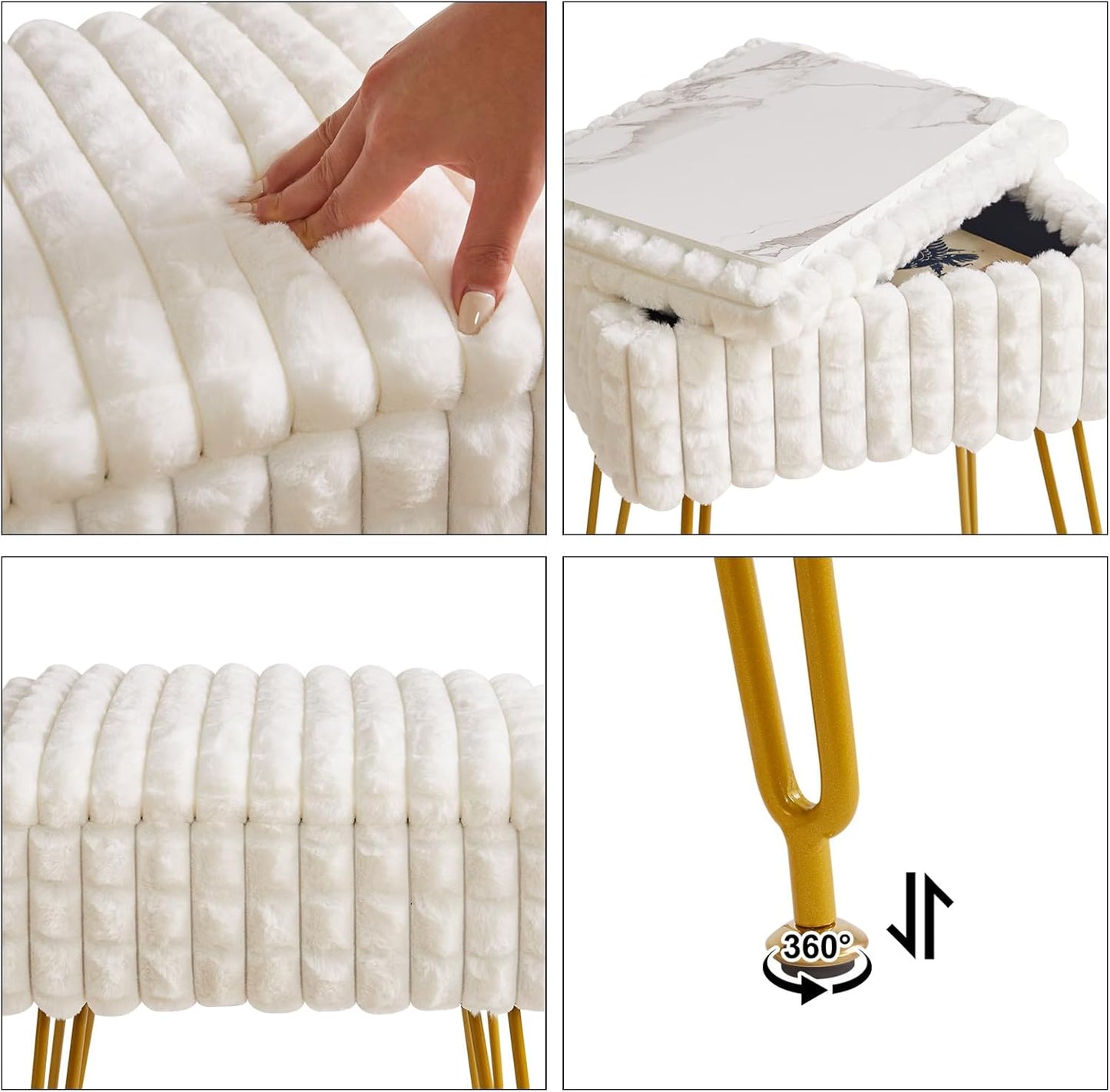 Rectangle Vanity Chair with Storage Space, Footrest Footstool Ottoman, Vanity Stool, Dressing Table Chair, with Anti-Slip Feet, for Makeup Room, Bedroom, Square Grid Pattern, White WBD004W