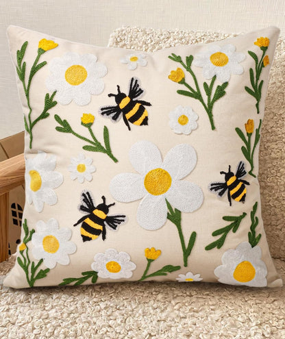 Embroidered Throw Pillow Cover 18x18 Inch - Spring Summer Boho Decorative Pillow Cover with Zipper for Living Room Couch Sofa Bed Aesthetic Design Flower Cluster Cushion Pillowcase