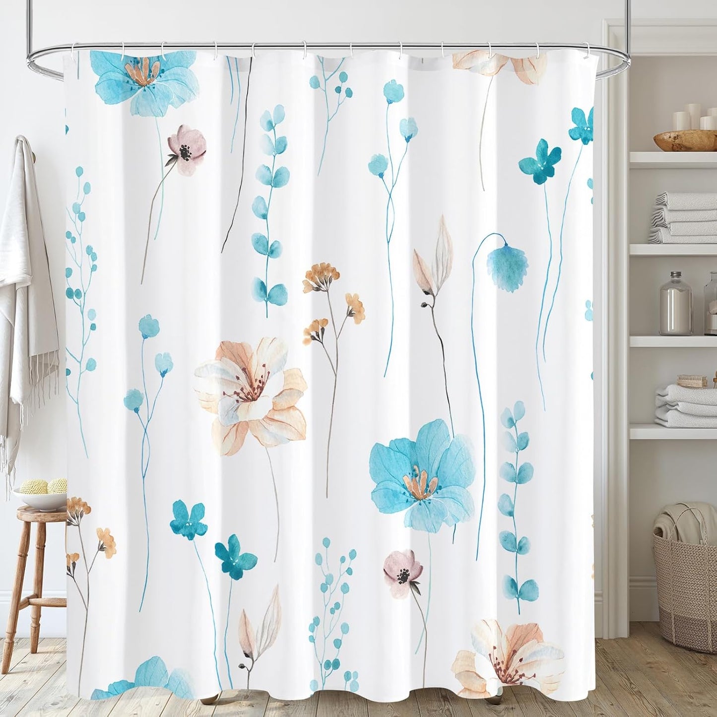 Watercolor Floral Shower Curtain, Sage Green Beige Flower Shower Curtain for Bathroom, Modern Minimalist White Waterproof Fabric Shower Curtain Set 72x72 Inch