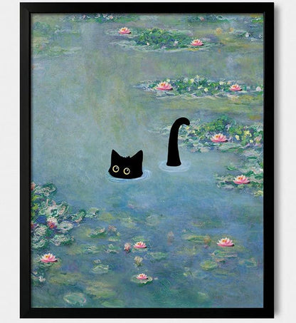Cat Wall Art Monet Prints Vintage Canvas Wall Art Funny Cat in Water Lilies Posters for Room Bedroom Living Room Bathroom Wall Decor Aesthetic (Size: 8''x10''x1pcs)