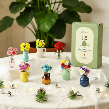 8 Pcs Refrigerator Magnets - Cute Mini Ceramic Vase Fridge Magnets with Artificial Flowers, Funny Tiny Vase Magnet for Fridge Decorative, Office, Kitchen, Locker, Whiteboard