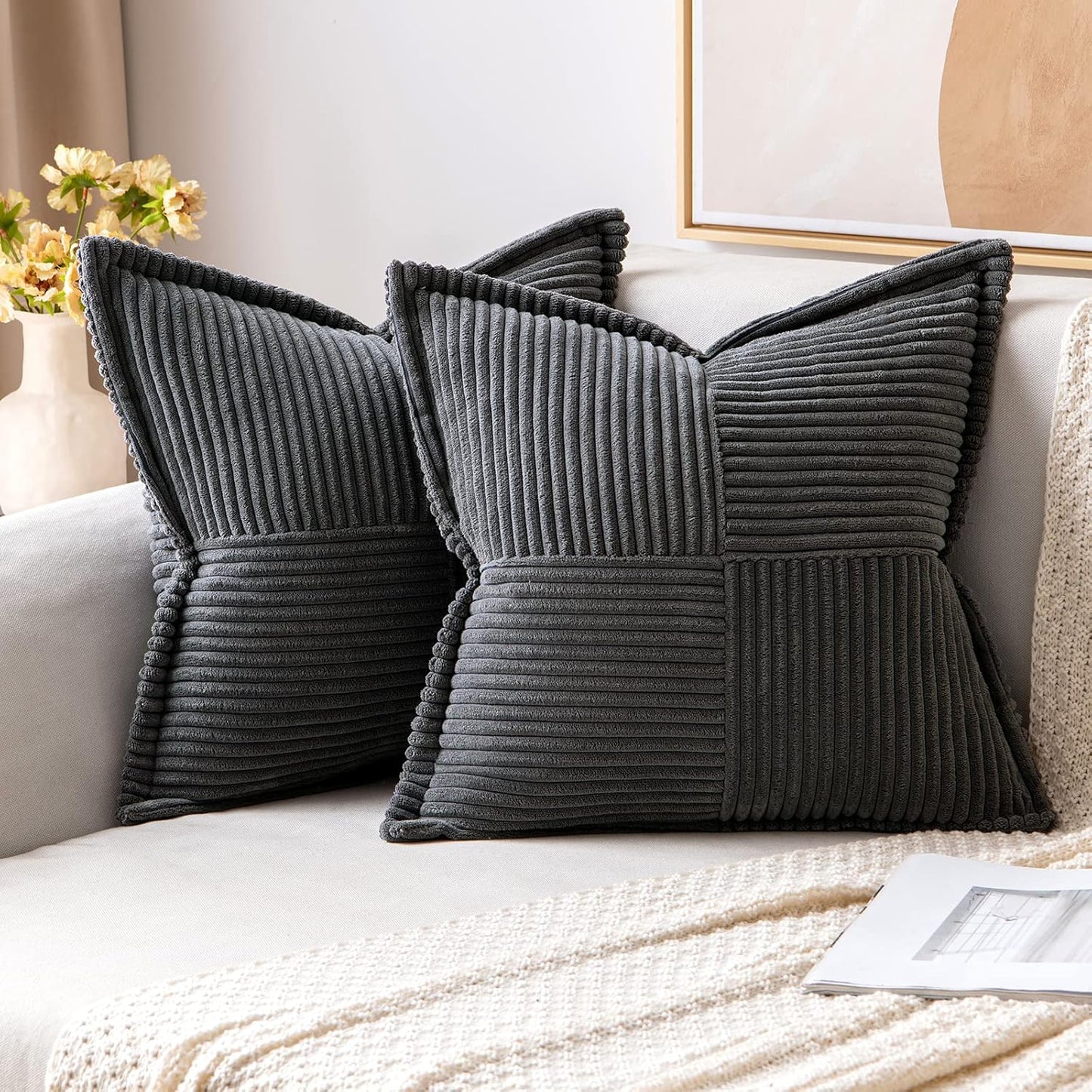 MIULEE Decorative Throw Pillow Covers for Couch Bed Livingroom 18x18 Inch Set of 2 Beige Boho Accent Throw Pllows Broadside Striped Patchwork Soft Corduroy Pillowcases
