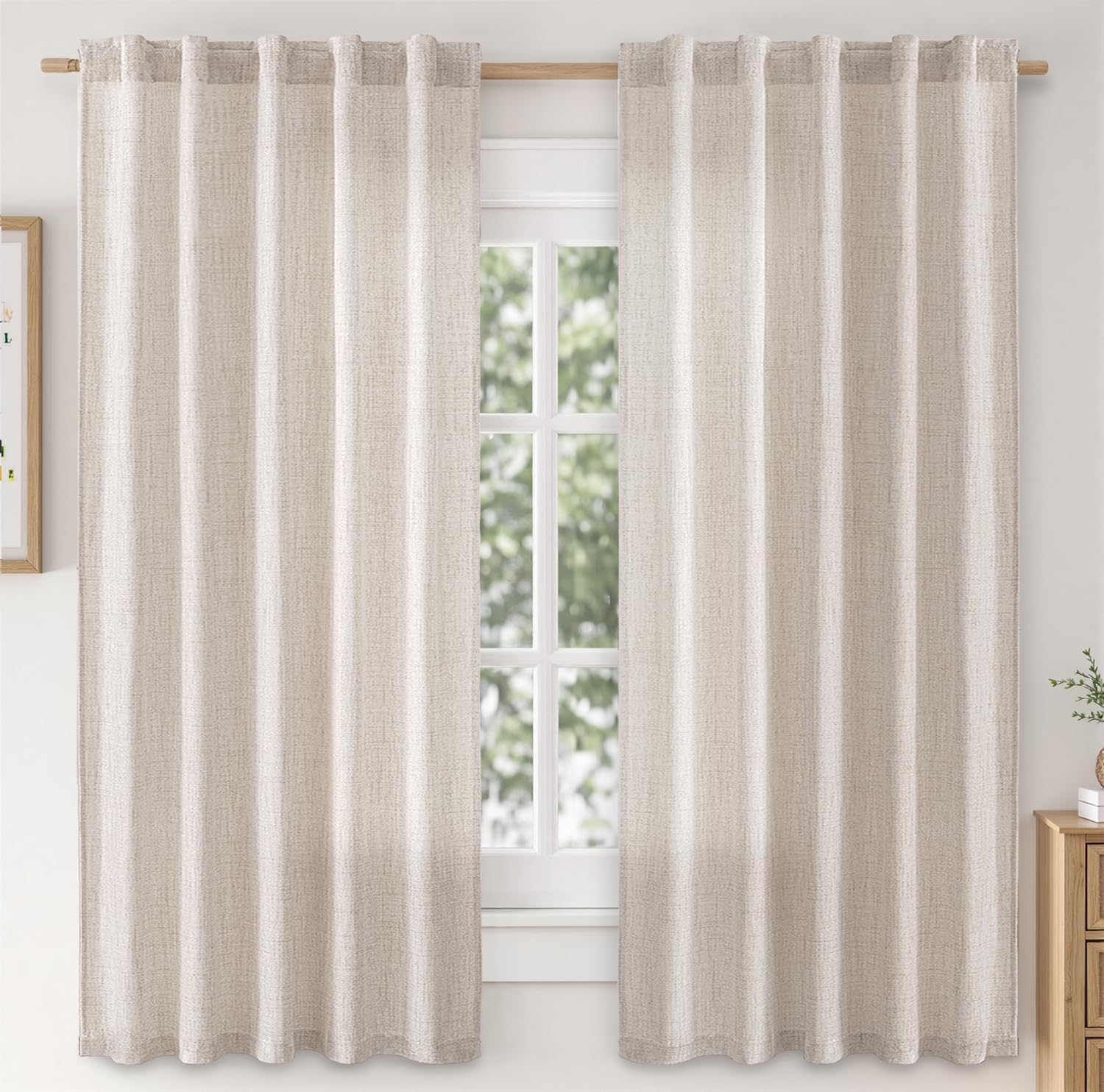 Linen Curtains 84 Inch Length 2 Panels Natural Semi Sheer Curtain with Back Tab Rod Pocket, Light Filtering Window Privacy Burlap Drapes for Living Room Bedroom 42W x 84L Linen