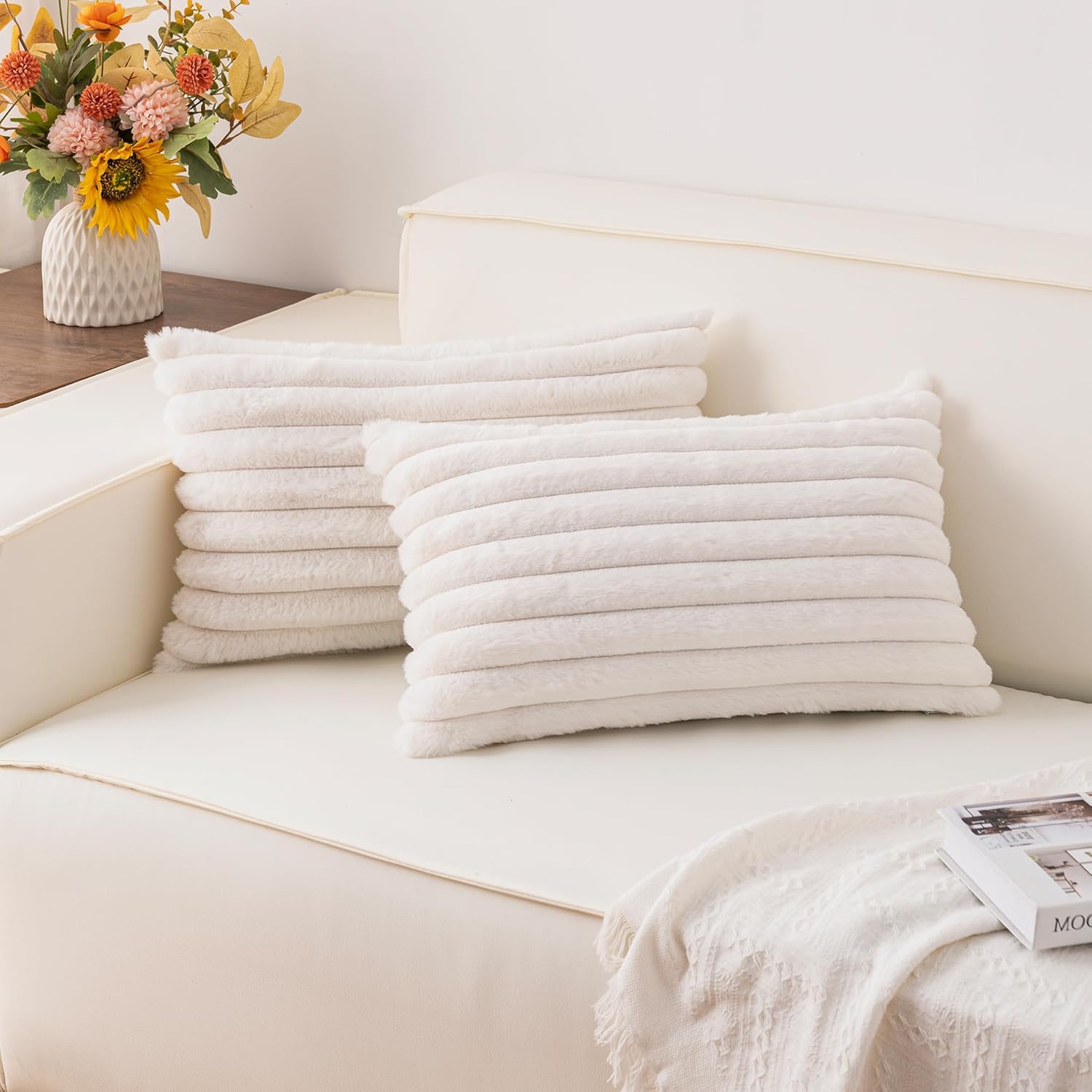 Pack of 2 Faux Fur Christmas Throw Pillow Covers 18x18 Inch, Soft Plush Striped Neutral Couch Pillow Cover, with Velvet Back Modern Home Decor for Sofa Living Room Couch Bed Cream White