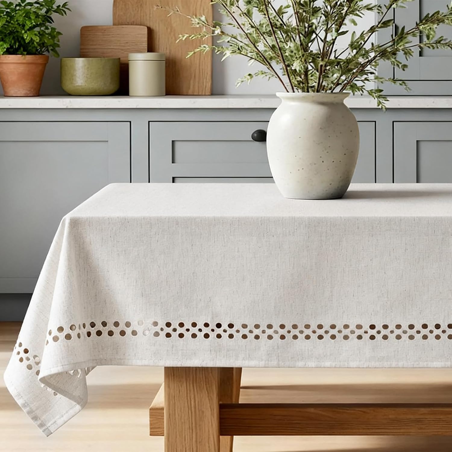 Natural Tablecloth, Rectangle Tablecloth with Decorative Cutouts, Stain Resistant & Wrinkle Free Table Cover for for Dining Table (Natural Cotton Linen, 70" x 52" (Rectangular))