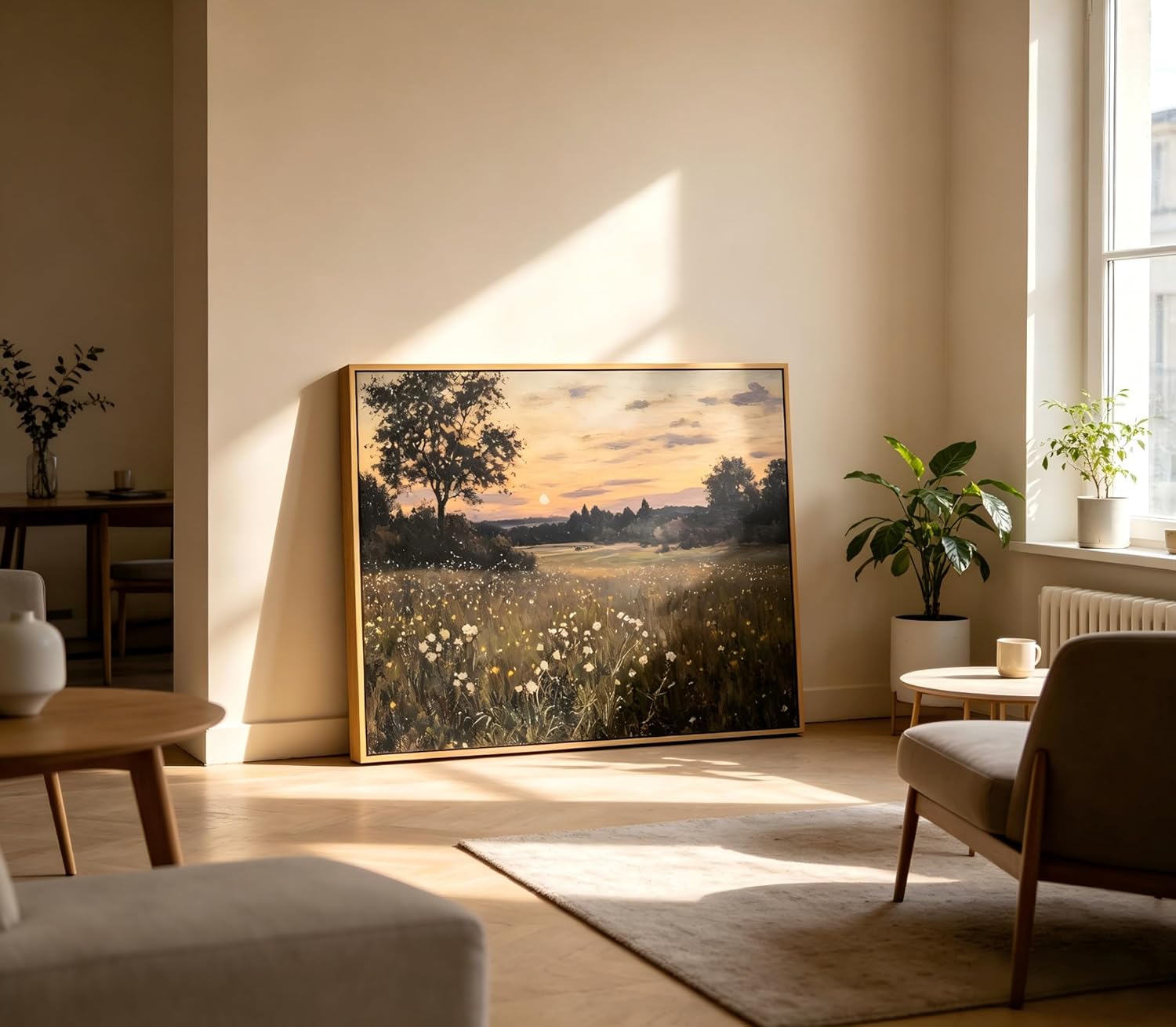 Framed Rustic Farmhouse Wildflowers Wall Art Vintage Wildflower Field Landscape Painting Retro Country Sunset Prints Wall Decor Classical Flower Landscape Painting for Living Room Bedroom 12x16 Inch