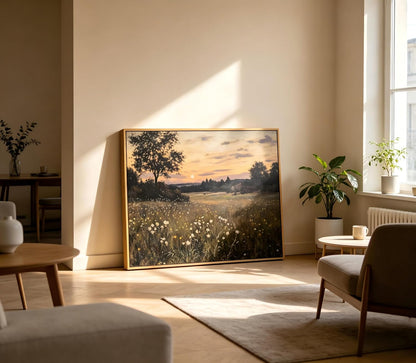 Framed Rustic Farmhouse Wildflowers Wall Art Vintage Wildflower Field Landscape Painting Retro Country Sunset Prints Wall Decor Classical Flower Landscape Painting for Living Room Bedroom 12x16 Inch