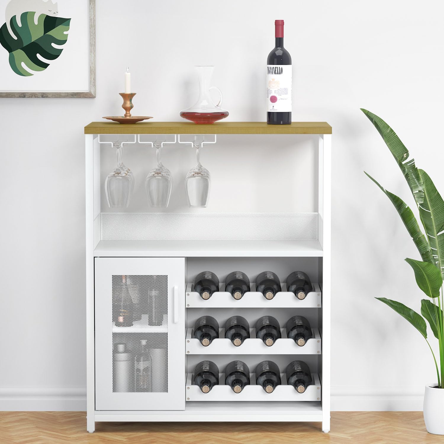 GAOMON Coffee Wine Bar Cabinet with Storage and Detachable Rack, Farmhouse Sideboard and Buffet Cabinet with Glass Holder and Mesh Door, Liquor Coffee Bar Cupboard, Black