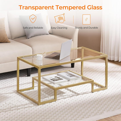 Yaheetech Gold Coffee Table, 42" Rectangular Glass Coffee Table for Living Room, 2-Tier Living Room Tables with Storage Center Tea Tables with Metal Frame for Small Space, Apartment, Office