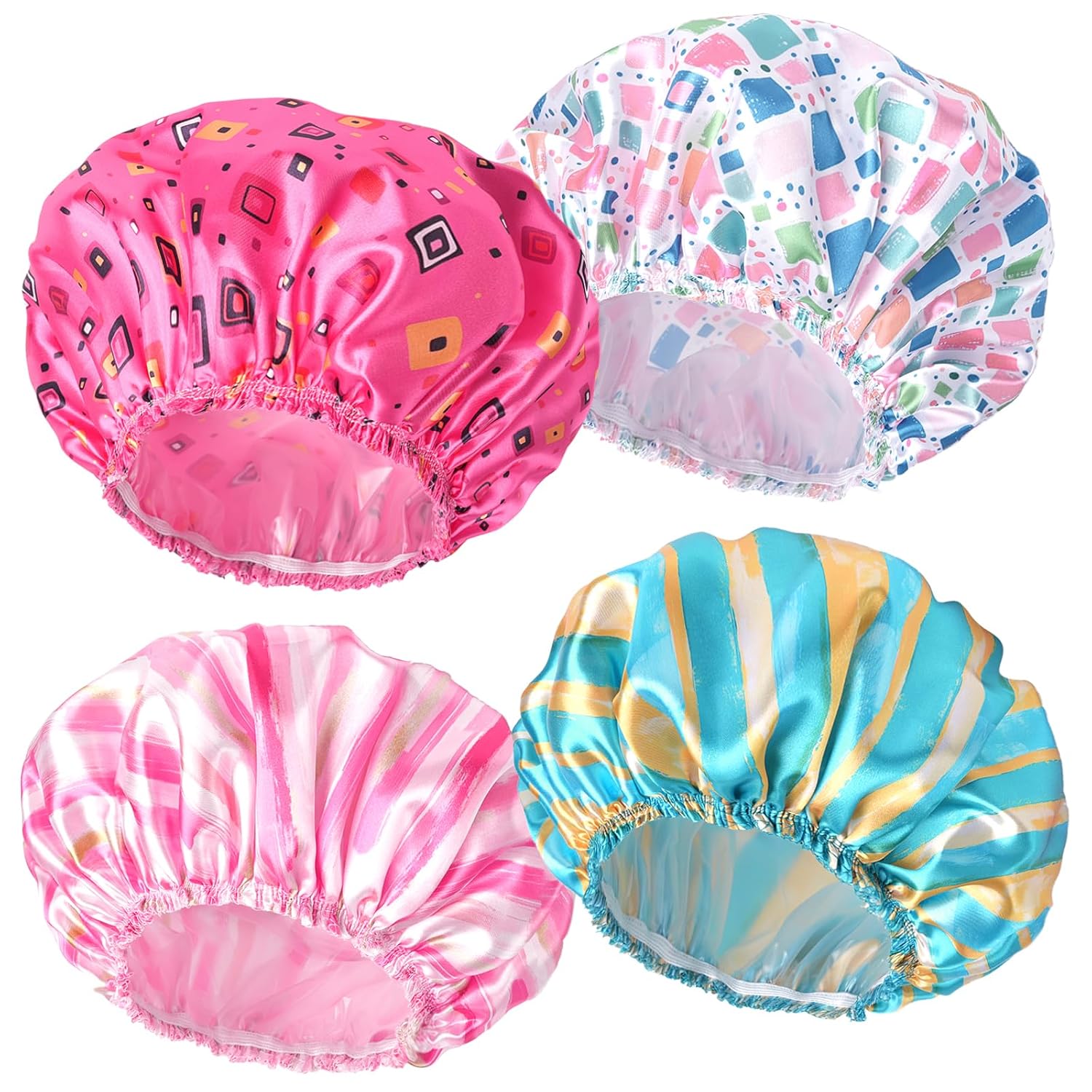 Shower Caps for Women, 4 PCS Elastic and Reusable Bath Caps, Double Waterproof Layers Shower Cap, Bathing Shower Caps, Environmental Protection Hair Bath Hat - Solid Color