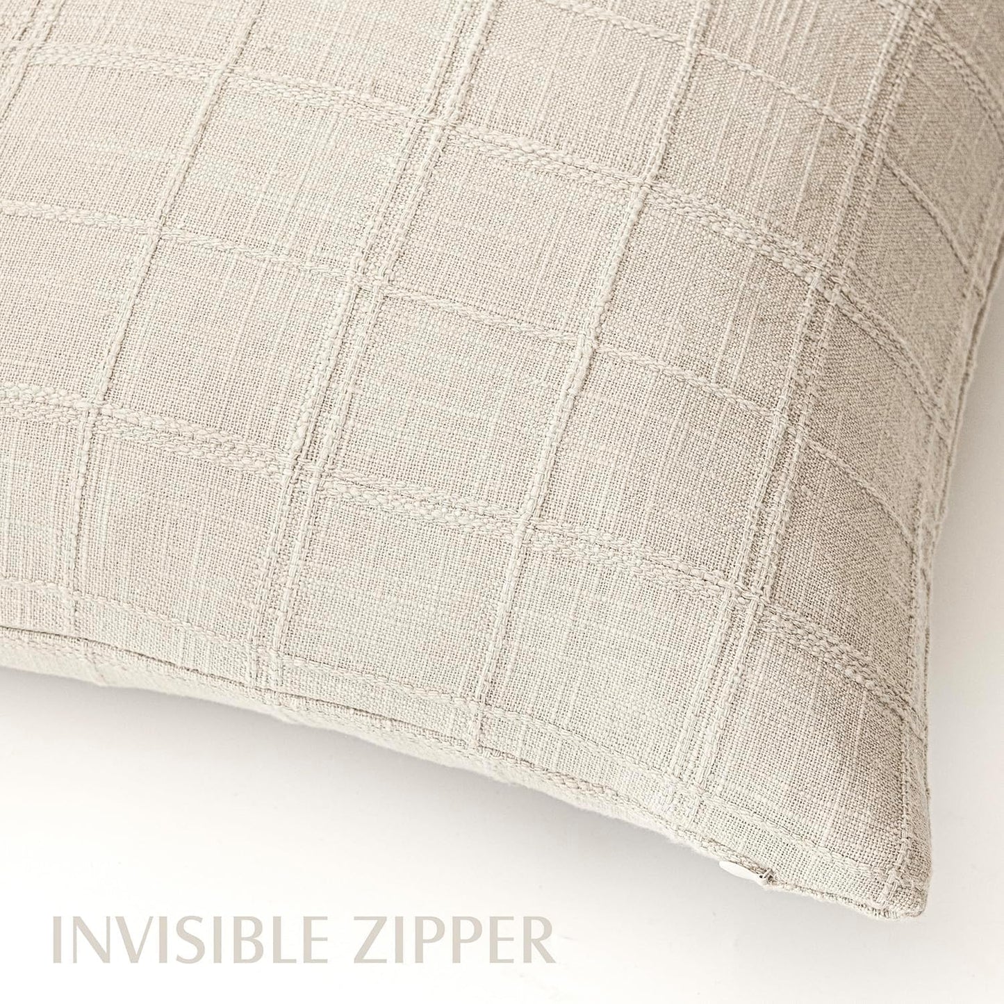 Foindtower Set of 2 Decorative Linen Check Throw Pillow Covers Neutral Farmhouse Vintage Cushion Covers Modern Boho Home Decor for Sofa Chair Couch Bedroom Living Room,18×18 Inch,Natural Beige