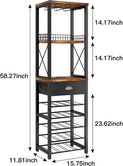 Homeiju Wine Rack Freestanding Floor, Bar Cabinet for Liquor and Glasses, 4-Tier bar Cabinet with Tabletop, Glass Holder, Storage Drawer and Wine Storage for Living Room (Patent No.D29872845)