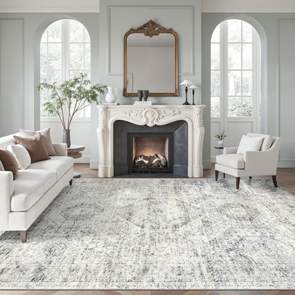 Soalmost Washable Area Rug 8x10, Large Soft Rugs for Living Room Vintage Beige Carpet 8x10 Area Rugs for Bedroom Dining Room Non-Slip Stain Resistant Under Table Rug