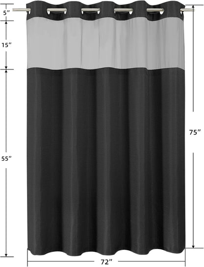 No Hook Waffle Shower Curtain with Snap in Fabric, Waterproof Shower Curtains with See Through Top Window, Hotel Luxury Heavy Duty Bathroom Curtain and Liner Set, 72'' x 75'', Black