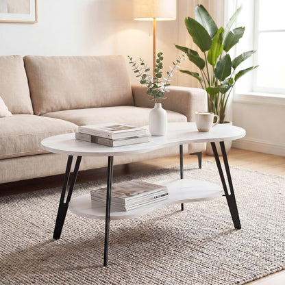 MWOOD Oval Coffee Table, 39.37" Center Table with Storage Shelf and Metal Leg, Waterproof & Scratch-Resistant Dining Table for Living Roome, Bedroom Marble-Patterned