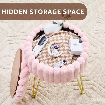 Vanity Stool with Storage, Faux Fur Ottoman Chair with Metal Legs, Round Makeup Vanity Chair for Bedroom or Dressing Table, Modern Small Ottoman Seat (Pink)